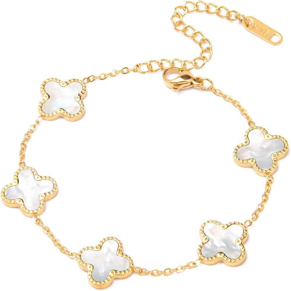 Dainty Gold Bracelets for Women, 18K Gold Plated Four Leaf Clover Bracelet Adjustable Chain Brace... | Amazon (US)