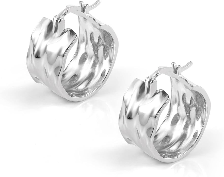 925 Sterling Silver Earrings Hammered Small Chunky Hoop Earrings for Women Hypoallergenic Texture... | Amazon (US)