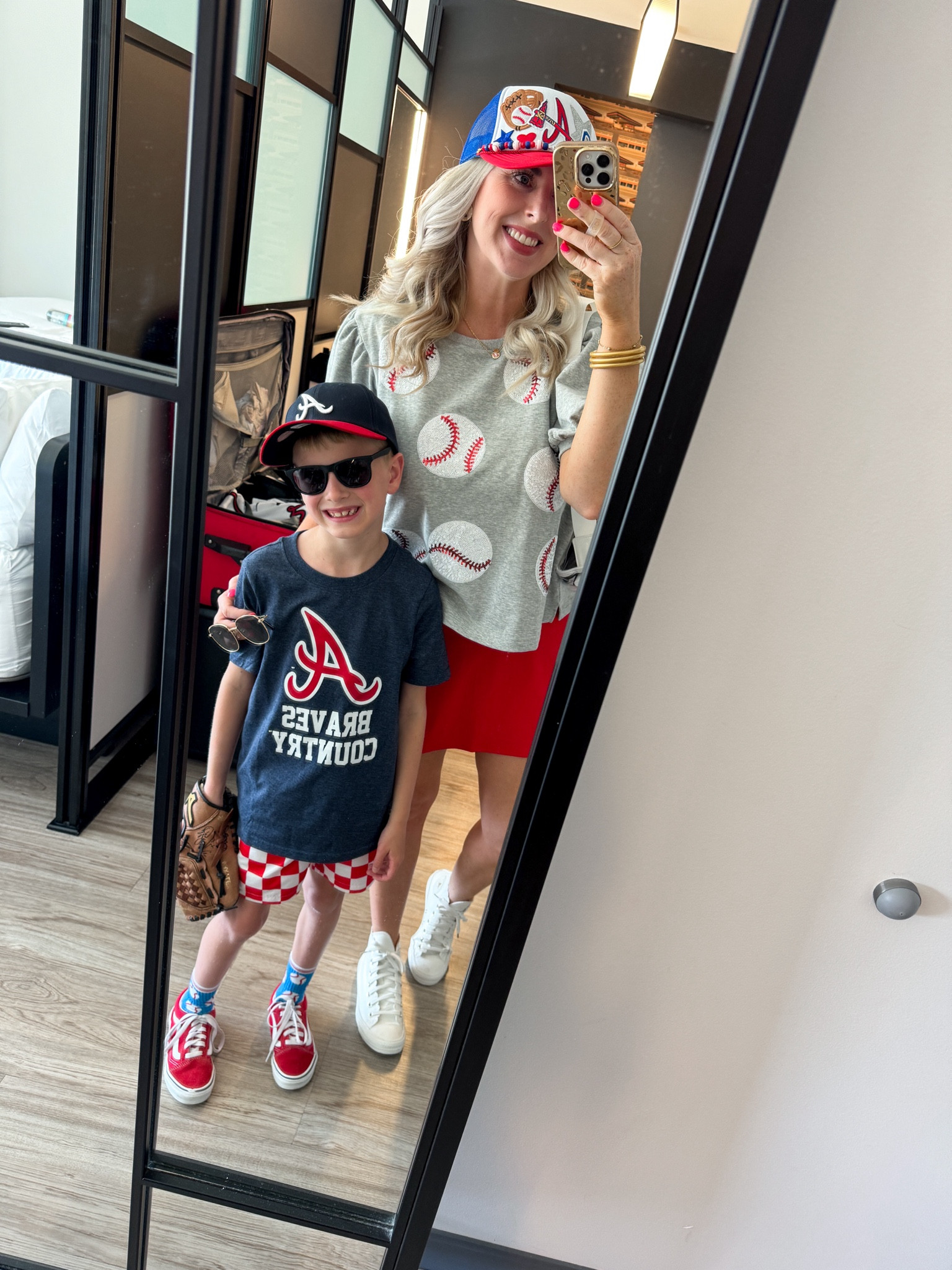 Atlanta Braves outfit, baseball game outfit, baseball tee, red skort, kids outfit, red check shorts, converse, baseball 

#LTKFindsUnder50 #LTKSeasonal #LTKStyleTip