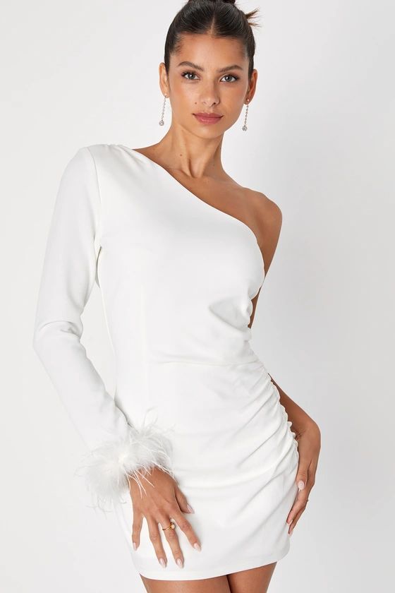 Fabulous Romance White One-Shoulder Feather Mini Dress | Lulus
