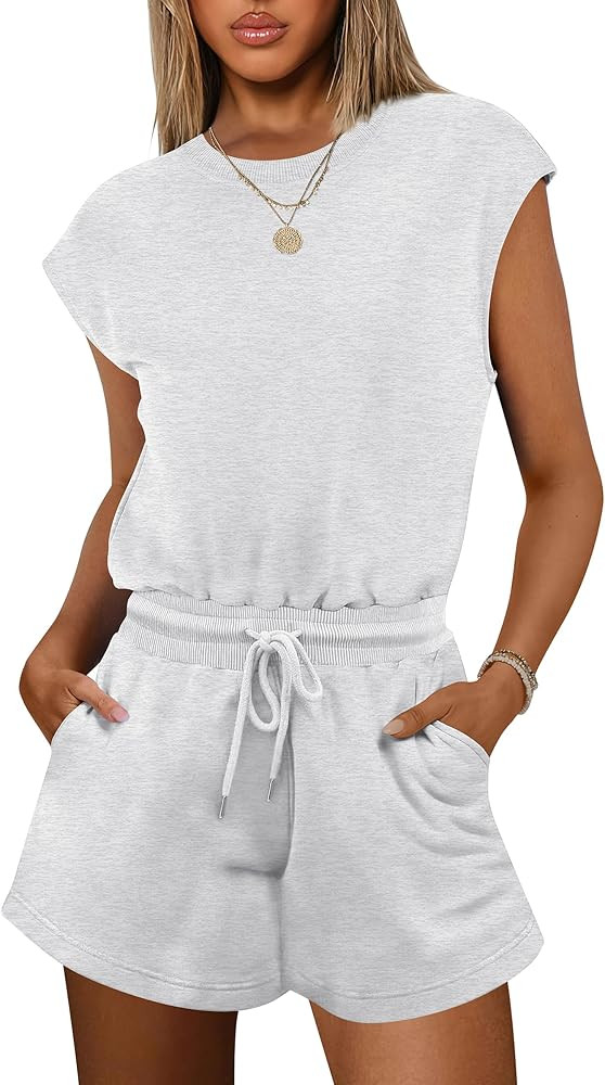 ANRABESS Rompers for Women Summer 2025 Casual Cap Sleeve Crewneck Drawstring One Piece Jumpsuit O... | Amazon (US)