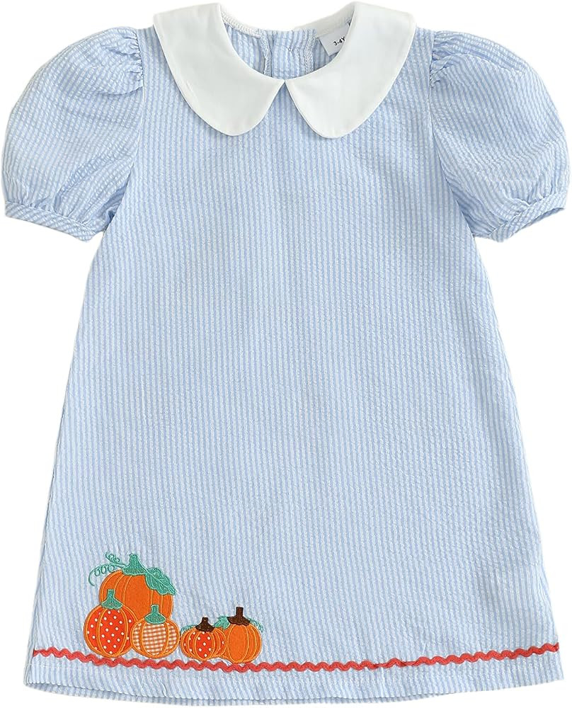 Toddler Baby Girl Halloween Dress Short Sleeve Doll Collar Pumpkin Embroidery Striped A-line Dres... | Amazon (US)
