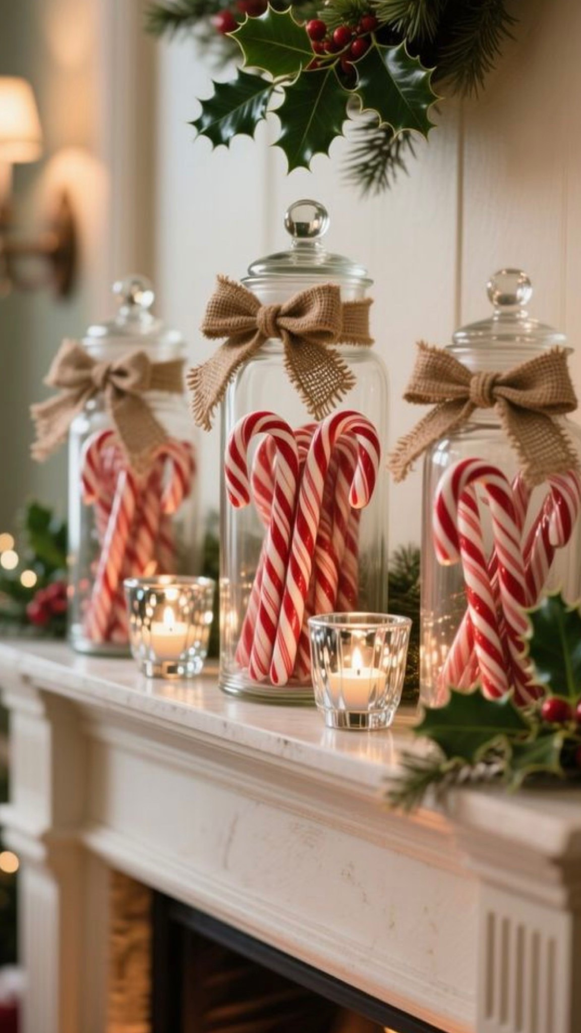 How cute are these candy cane jars stuffed with oversized candy canes! Add a little burlap ribbon and you have a festive mantel or console table decor! 🎄

#LTKHoliday #LTKSeasonal #LTKHome