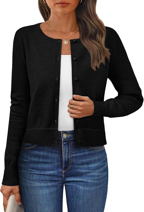 LILLUSORY Womens Cropped Cardigan Crew Neck Lightweight Crop Sweaters Fall Cute Button Down Knit ... | Amazon (US)