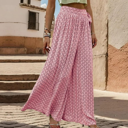 Boho Pants for Women Hippie Polka Dot Print Pants High Waist Flowy Pants with Bow Belt Lightweight Baggy Trousers Skirts Culottes Summer Comfort Casual Pants | Walmart (US)