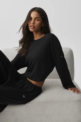 ALO | Semi-Sheer Oasis Boxy Long Sleeve Top in Black, Size: XS | Alo Yoga