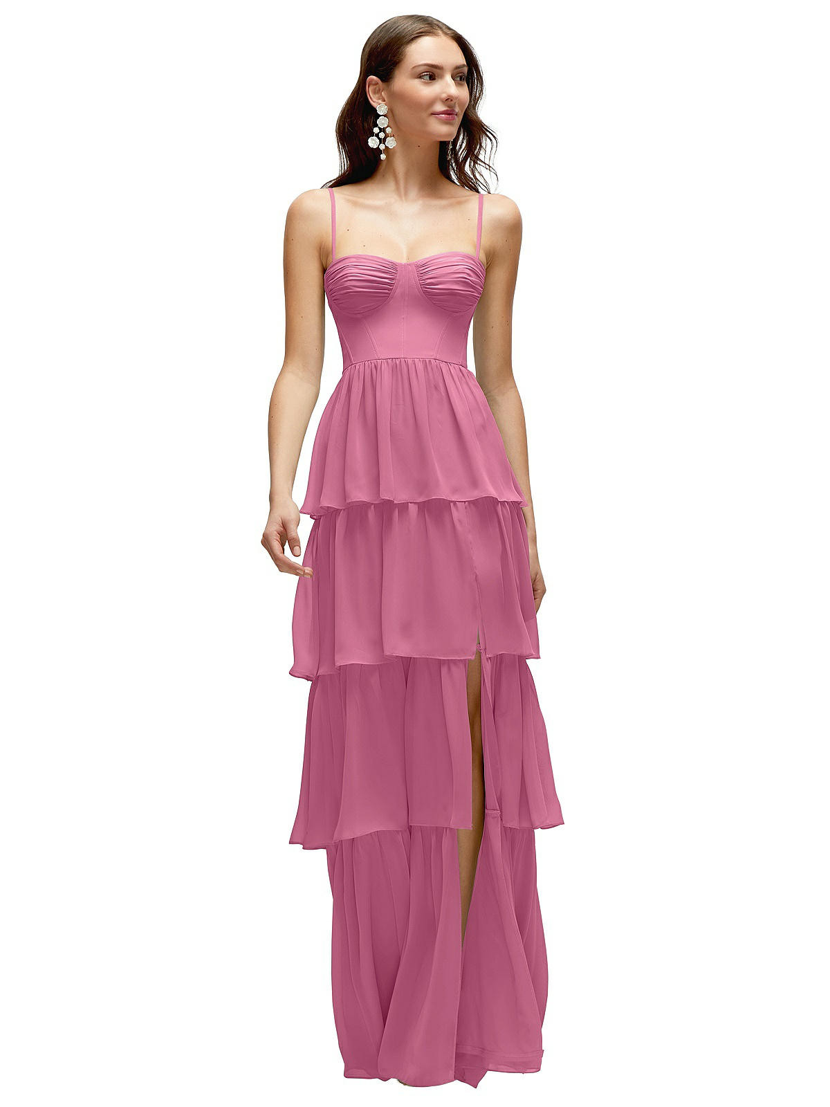 Bustier-Style Chiffon Tiered Ruffle Maxi Dress with Adjustable Straps in Orchid Pink | Dessy Group