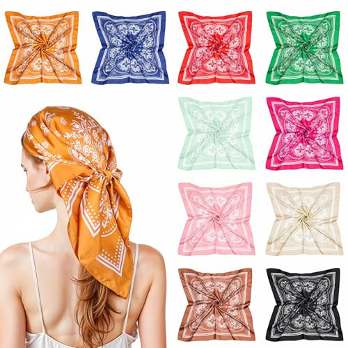 Dimeho 10Pcs 27.5 Inches Satin Head Scarf Square Silk Bandana Fashion Silk Hair Wrap Neck Scarf Boho Headwear for Women Girls | Amazon (US)