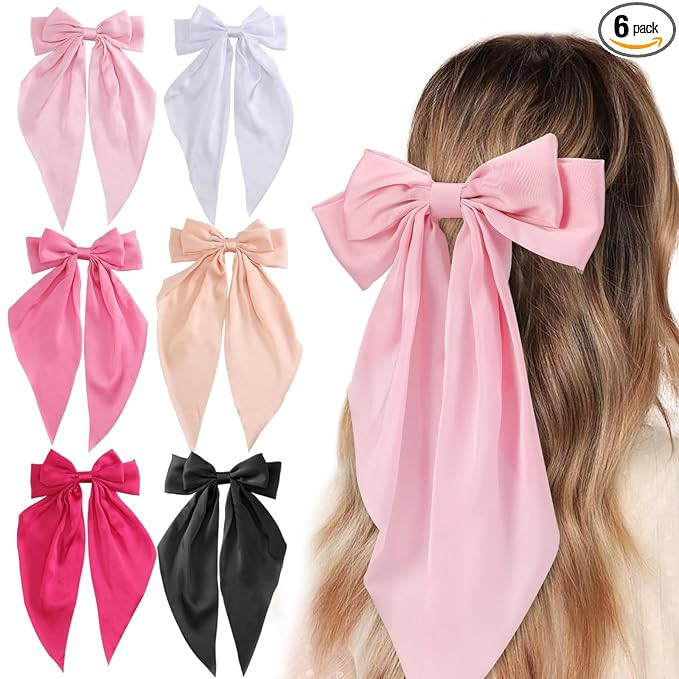 Hair Bows for Women, 6 PCS Silky Satin Hair Clips, Large Bow Hair Barrettes, Oversized Long Tail,... | Amazon (US)