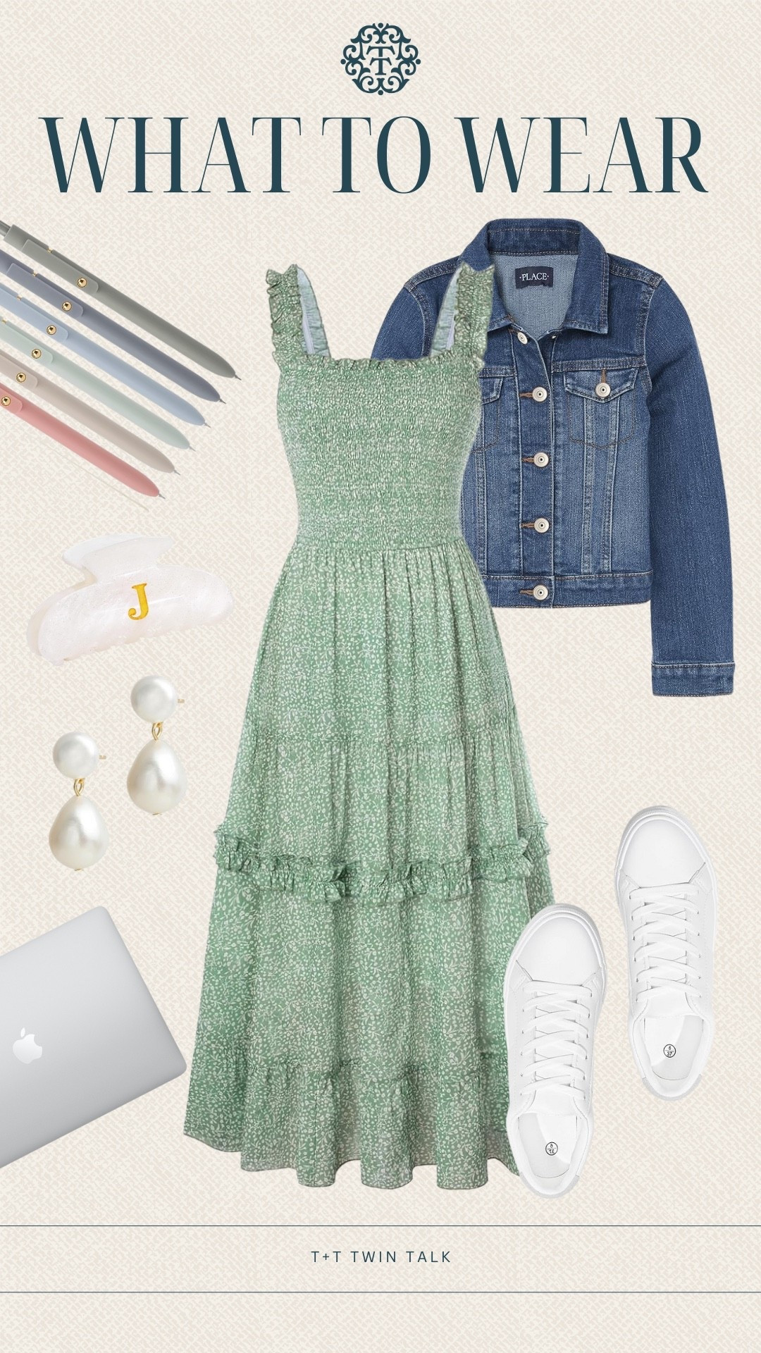 Teacher outfit inspiration for back to school! A green patterned dress with a denin jacket on top. Keep it comfy by wearing a pair of white sneakers. Plus, this outfit is under $100!

#LTKFindsUnder100 #LTKStyleTip #LTKSeasonal