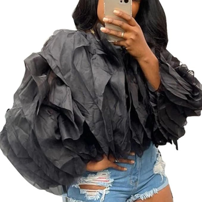 acelyn Women Summer Casual Sheer Mesh Puff Long Sleeve Chiffon Blouse Ruffle Layered Tunic Shirt ... | Amazon (US)