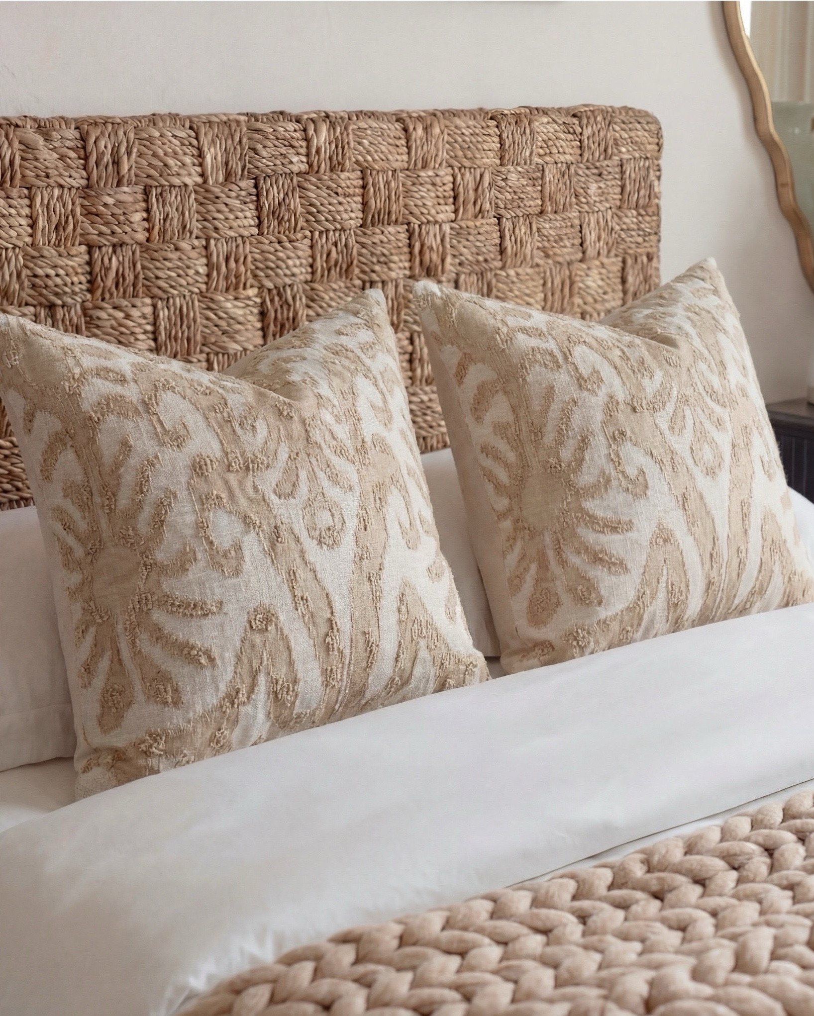 Shop the Look:
• Wood Woven rattan bed frame
• White upholstered mattress or box spring
• Black wood 3-drawer nightstands (set of 2)
• White duvet cover (hotel-style)
• White fitted sheet + pillow set
• Chunky knit throw blanket (beige or oatmeal)
• Neutral patterned accent pillow
• Brass globe wall sconces
• Cream ceramic table lamp with beige shade
• Large abstract landscape wall art (neutral tones)
•brown floral wall art
• Gold irregular curved scalloped wall mirrors
• Round woven knit poufs
• Neutral geometric or diamond area rug
• Large white ceramic vase
• Small decorative bowl (white or stone)
• Ivory linen curtain panels
•wood upholstered accent chair 
•black terracotta vase
•wood rattan dresser
•brass decor tray
•black leaf decor bowl 
•decor books

#LTKsale #LTKstyletip #LTKhome