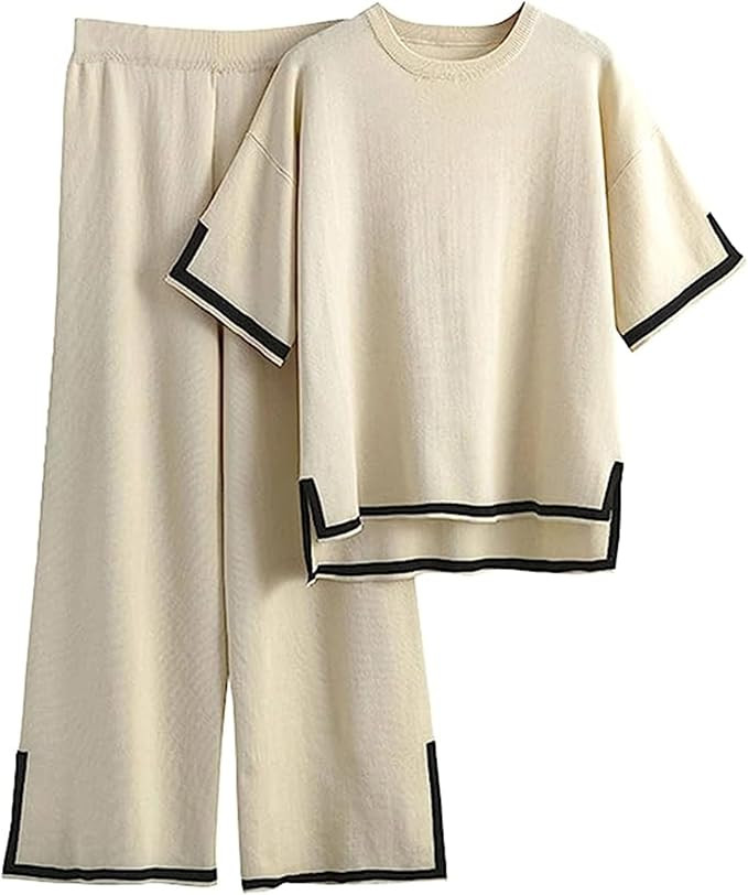 Sexyshine Women's 2 Piece Sweater Outfits Short Sleeve Split Hem Knit Pullover Tops Wide Leg Pant... | Amazon (US)