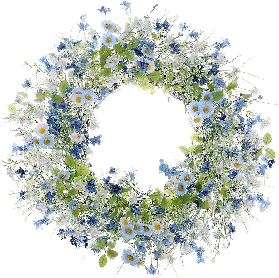 Artificial Daisy Wreath,22 Inch Spring Wreath Colorful Summer Wreath Floral Wreaths with Green Eu... | Amazon (US)