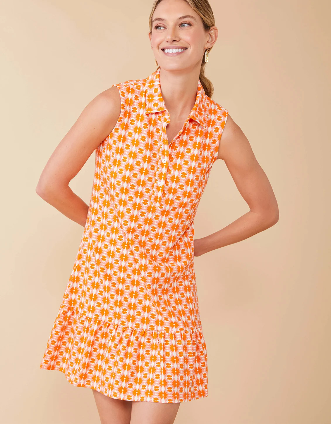 Joelle Sleeveless Polo Dress Marsh Hens Geo Pink Orange | Spartina 449
