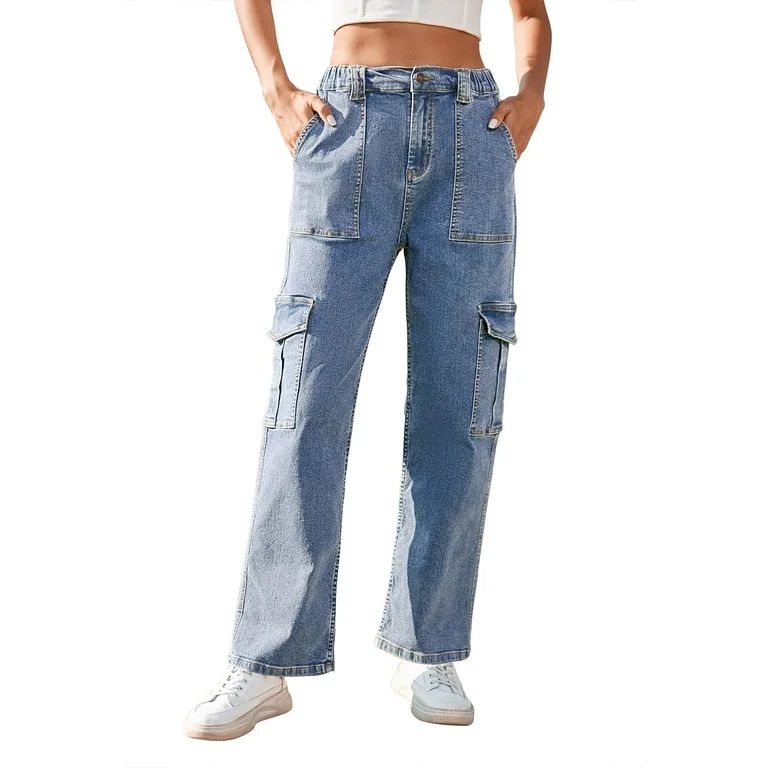 Pink Queen Women's High Waist Cargo Jeans Flap Pocket Wide Leg Denim Pants Light Blue L | Walmart (US)