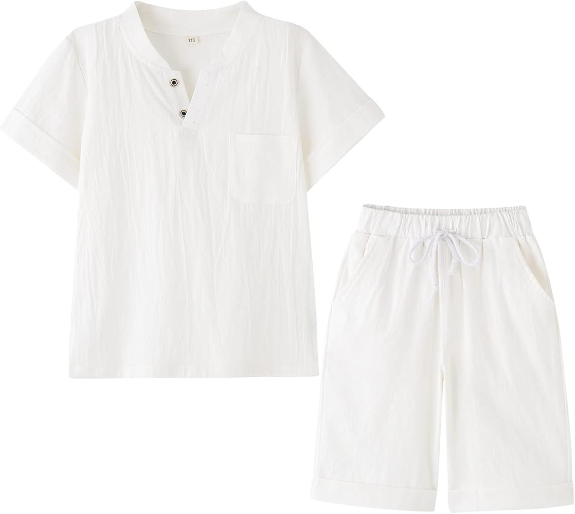 Boy's T-Shirt and Shorts Set Cotton Linen Summer Short Sleeve Children Two Pieces Clothing Pants ... | Amazon (US)