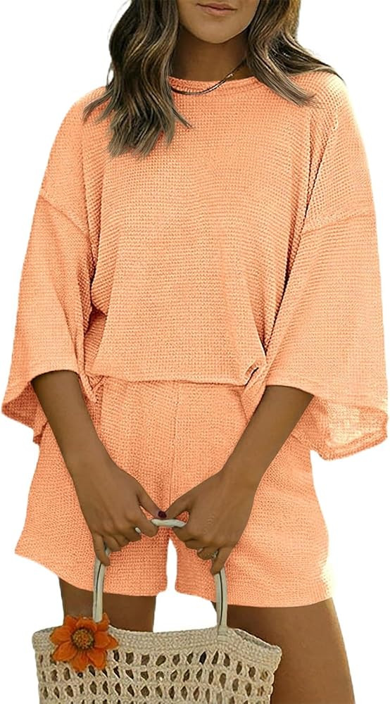 Tankaneo Womens Short Sets 2 Piece Outfits 3/4 Sleeve Tops and Elastic Waist Shorts Lounge Set Ca... | Amazon (US)