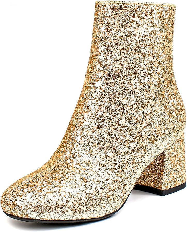 SEIFIN Women's Sequins Glitter Chunky Heel Ankle Boots Sparkly Wedding Bridal Party Dress Shoes B... | Amazon (US)