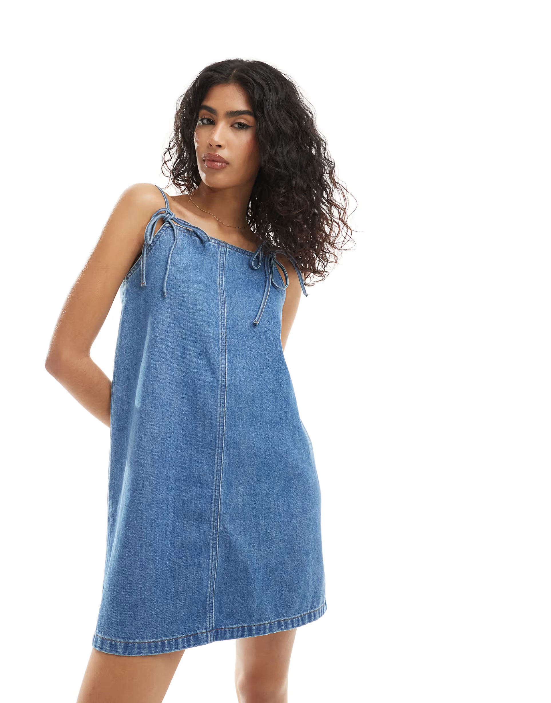 ASOS DESIGN denim bow dress in mid blue | ASOS (Global)