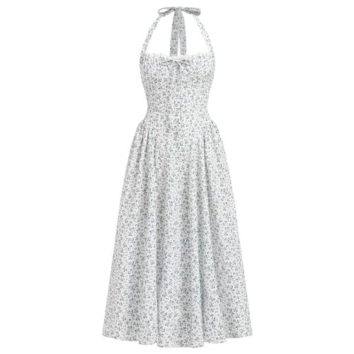 Blue & White Floral Midi Dress - Boho Corset Back Sun Dress - Lace Up Bustier - Cottagecore | Amazon (US)