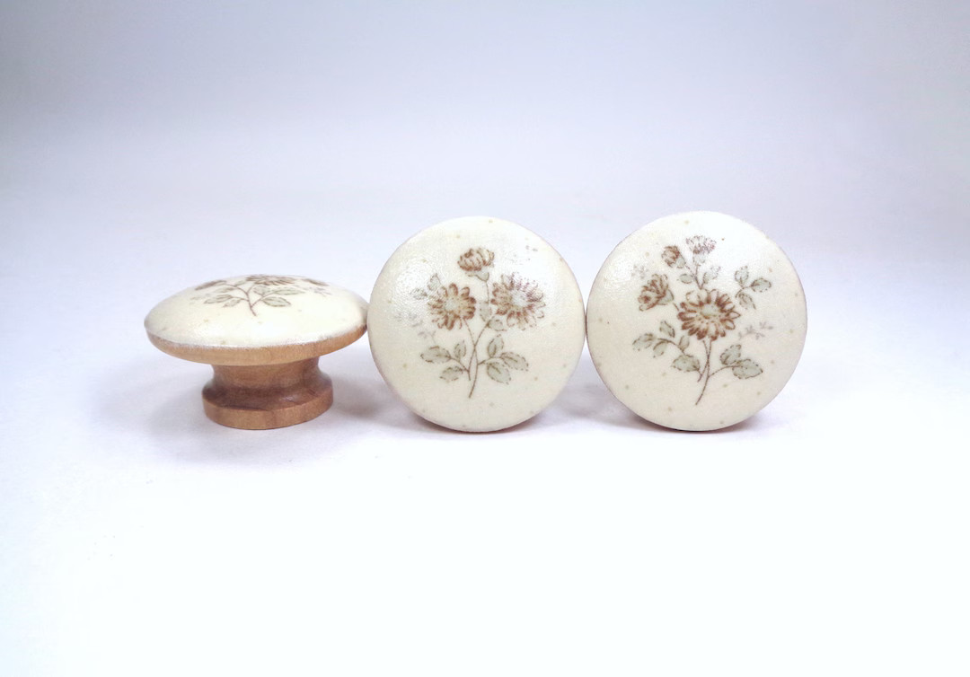 French Country Drawer Knobs, Beige Floral Fabric Dresser Knobs, Botanical Nature Decor - Etsy | Etsy (US)