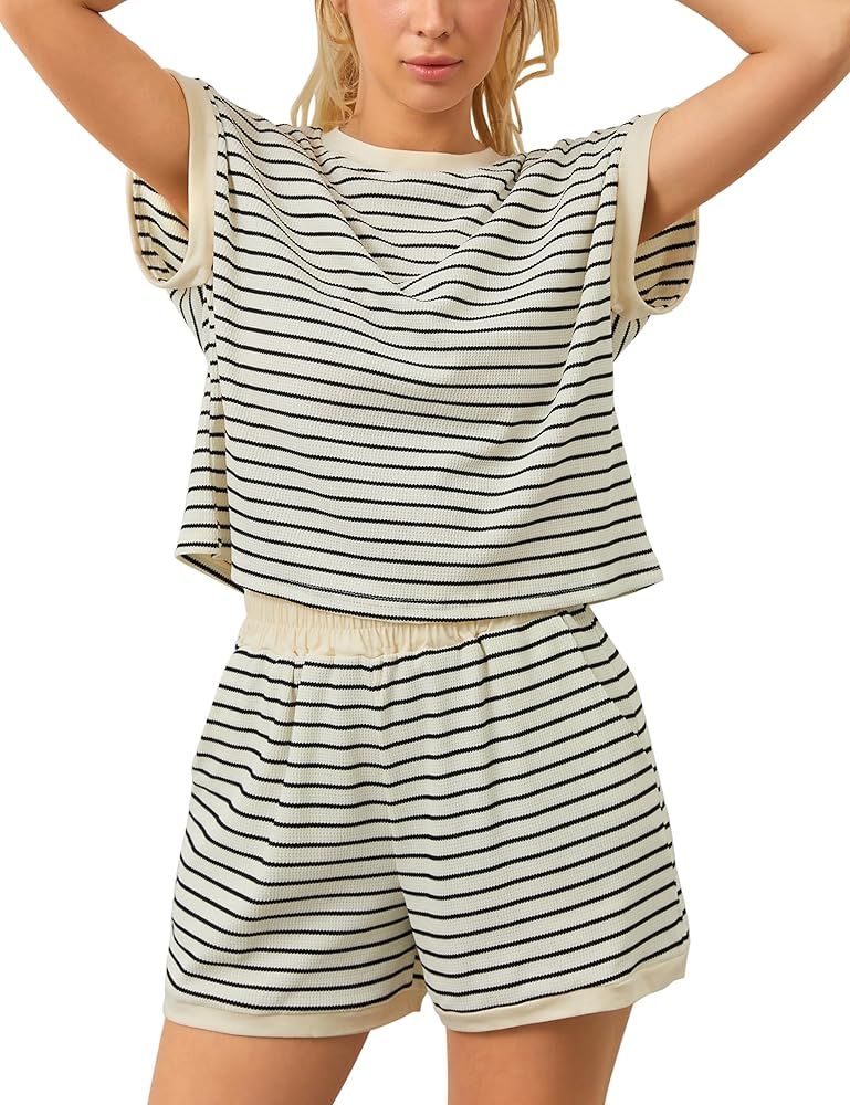 Women 2 Piece Outfits Summer Striped Lounge Sets Short Sleeve Tee Shirt High Waist Shorts Loungew... | Amazon (US)