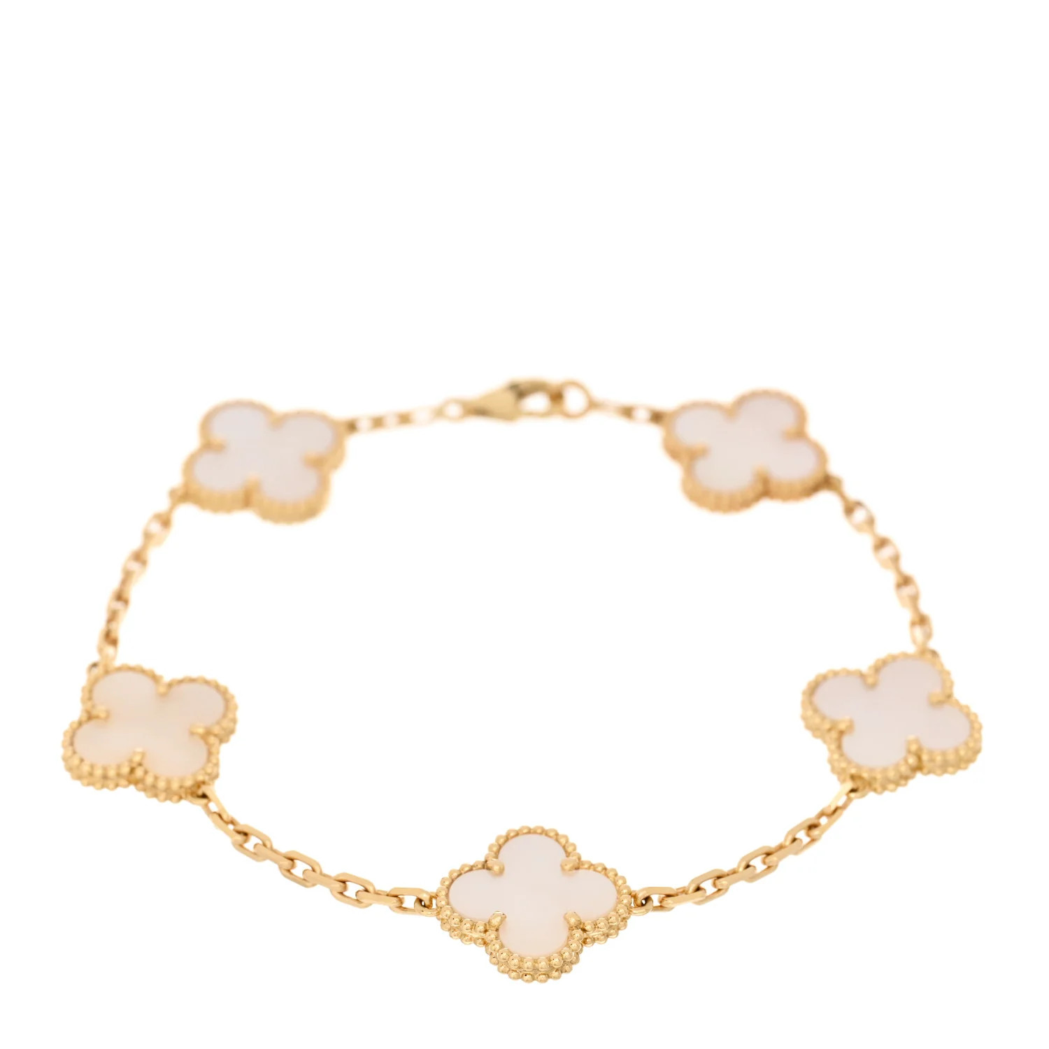 18K Yellow Gold Mother of Pearl 5 Motifs Vintage Alhambra Bracelet | FASHIONPHILE (US)