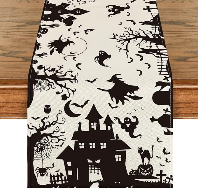 Artoid Mode Black White Spooky Haunted House Tree Ghost Witch Halloween Table Runner, Kitchen Din... | Amazon (US)