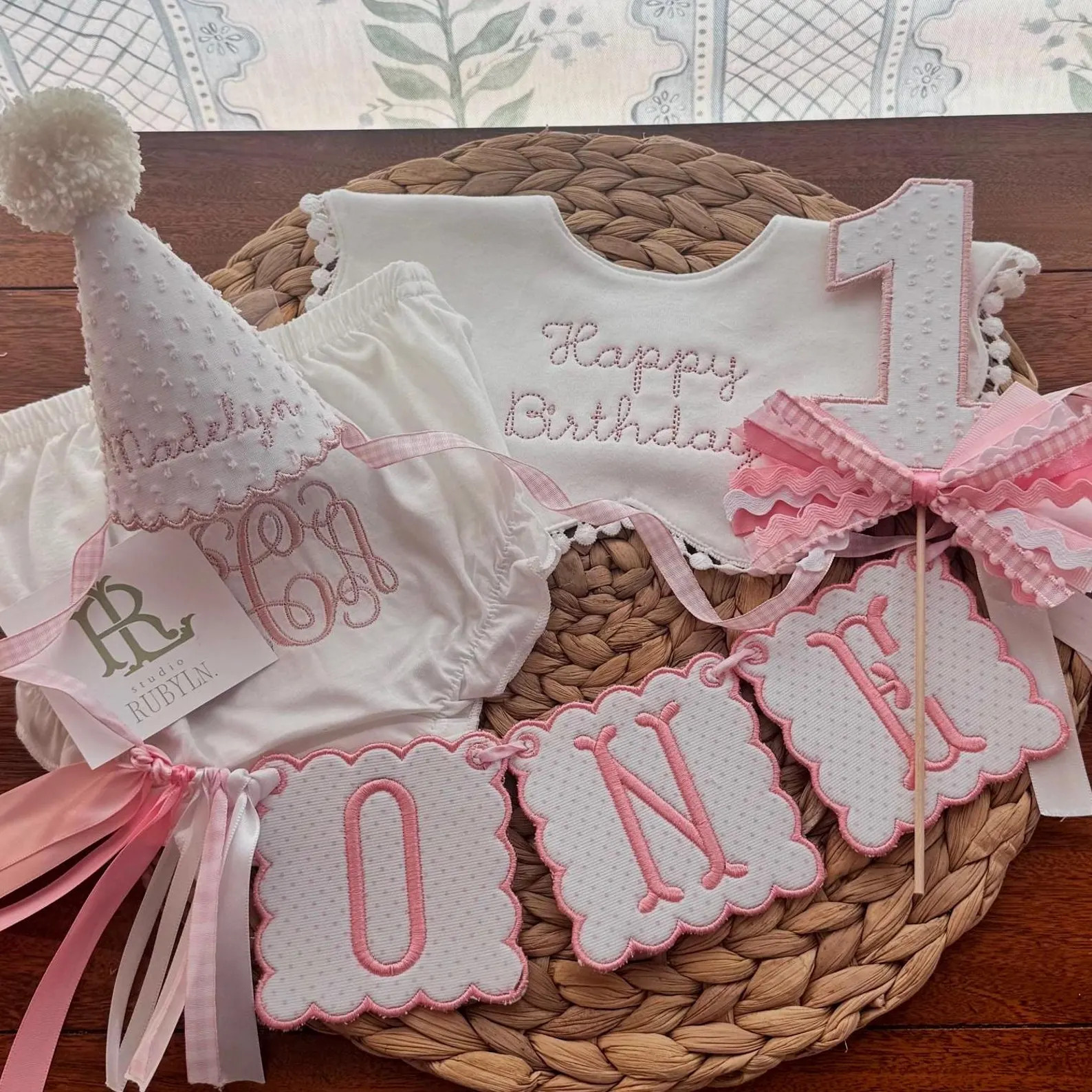 The Grand Set- Highchair Banner, Cake Topper, Party Hat, Bib & Bloomers | Embroidered Birthday He... | Etsy (Global)