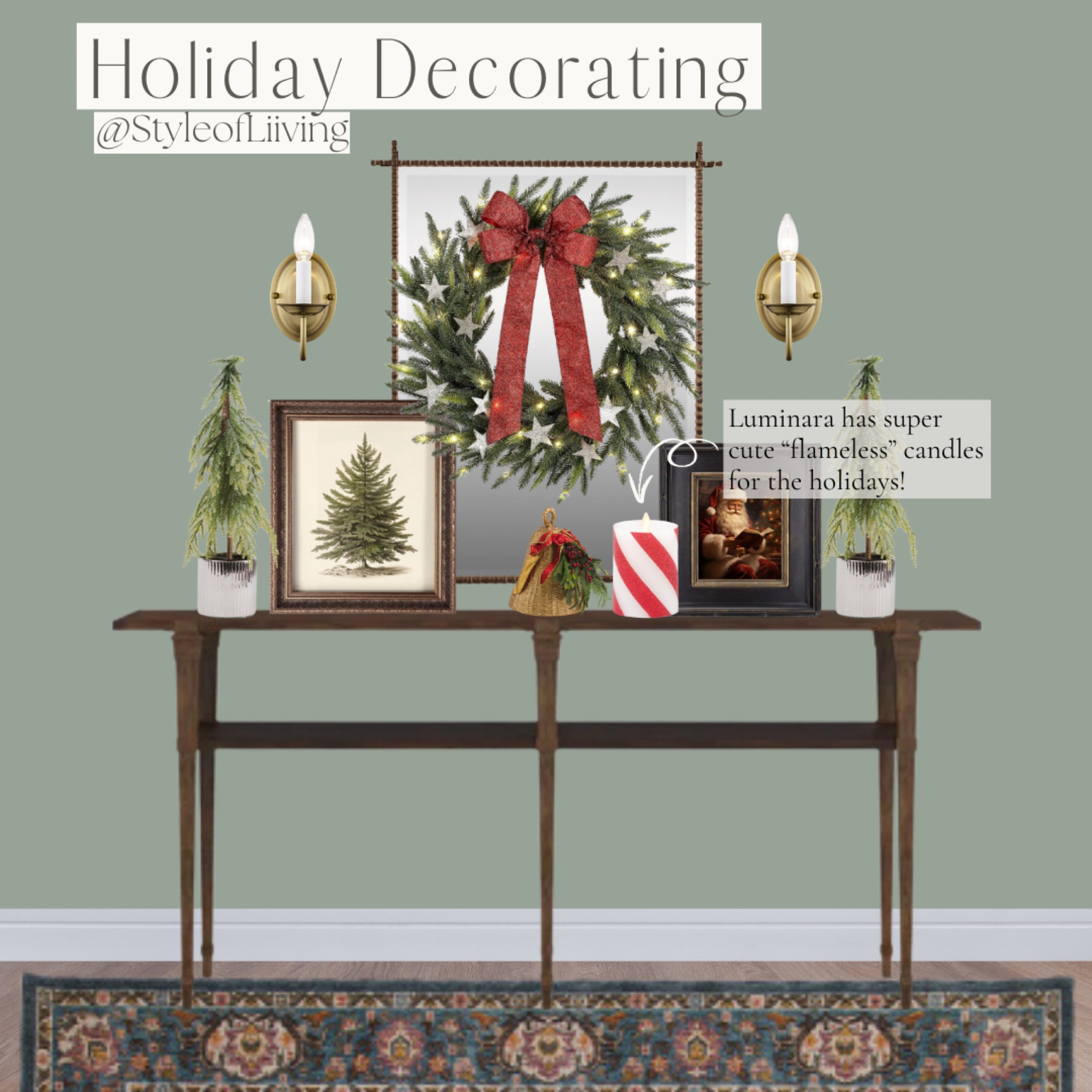 Holiday decorating inspiration! Console table styling ideas for Christmas. Wall sconces, rectangular wall mirror, wreath, flameless candles, area rug.

#LTKStyleTip #LTKHome #LTKHoliday