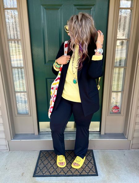 ✨SIZING•PRODUCT INFO✨
⏺ Scuba Knit Black Blazer - M - Runs Big - Walmart 
⏺ Yellow Crewneck Sweatshirt •• linked similar from Amazon 
⏺ Black Flare Leggings / Yoga Pants - XL - TTS 
⏺ Colorful Floral Crochet Bag - Walmart 
⏺ Yellow Smiley Face Pillow Slides - Run Big - Walmart 
⏺ Colorful Bead Bracelets - Walmart 

📍Say hi on YouTube•Tiktok•Instagram ✨”Jen the Realfluencer | Decent at Style”

👋🏼 Thanks for stopping by, I’m excited we get to shop together!

🛍 🛒 HAPPY SHOPPING! 🤩

#walmart #walmartfinds #walmartfind #walmartfall #founditatwalmart #walmart style #walmartfashion #walmartoutfit #walmartlook  #casual #casualoutfit #casualfashion #casualstyle #casuallook #weekend #weekendoutfit #weekendoutfitidea #weekendfashion #weekendstyle #weekendlook #travel #traveloutfit #travelstyle #travelfashion #airport #airportoutfit #airportstyle #airportfashion #travellook #airportlook #spring #springstyle #springoutfit #springoutfitidea #springoutfitinspo #springoutfitinspiration #springlook #springfashion #springtops #springshirts #springsweater #lounge #loungewear #loungeoutfit #loungewearoitfit #loungestyle #loungewearstyle #loungefashion #loungewearfashion #loungelook #loungewearlook  #blazer #blazerstyle #blazerfashion #blazerlook #blazeroutfit #blazeroutfitinspo #blazeroutfitinspiration #leggings #style #flare #flareleggings #inspo #fashion #yoga #pants #yogapants #yogapantsoutfit #yogapantslook #flareleggingslook #flareleggingsoutfit #flareleggingstyle #flareleggingsoutfitidea #flareleggingsfashion #flareleggingsinspo #flareleggingsoutfitinspo 
#under10 #under20 #under30 #under40 #under50 #under60 #under75 #under100 #affordable #budget #inexpensive #budgetfashion #affordablefashion #budgetstyle #affordablestyle #curvy #midsize #size14 #size16 #size12 #curve #curves #withcurves #medium #large #extralarge #xl


#LTKSeasonal #LTKunder50 #LTKcurves