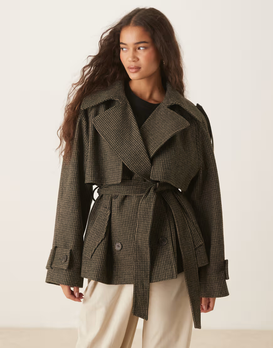 ASOS DESIGN formal belted trench coat in heritage mini plaid-Brown | ASOS (Global)
