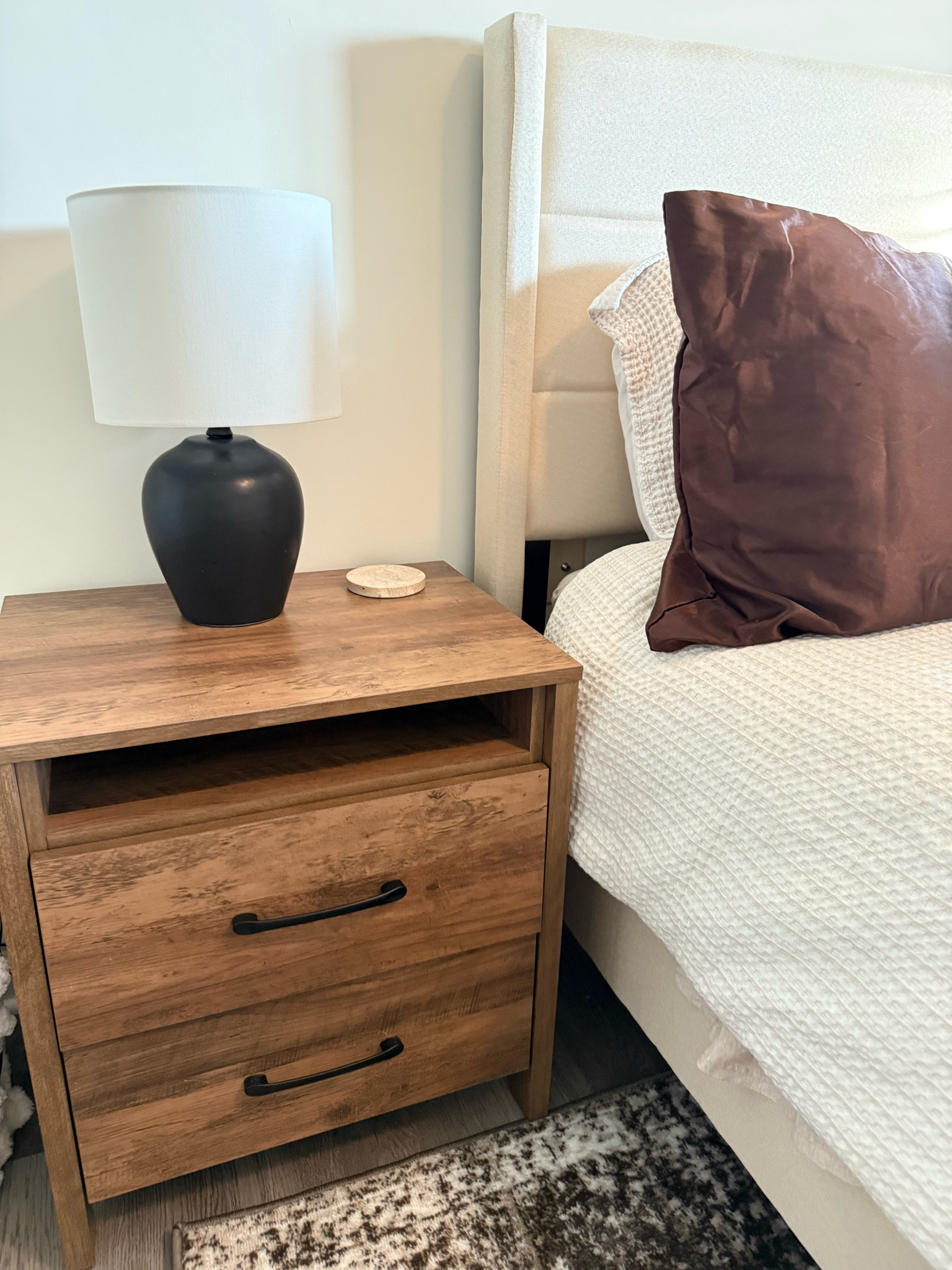 The lamp is no longer in stock, but it was from Amazon. The nightstand is the perfect tone of wood and oak combined. Sturdy but also lightweight 

#LTKU
