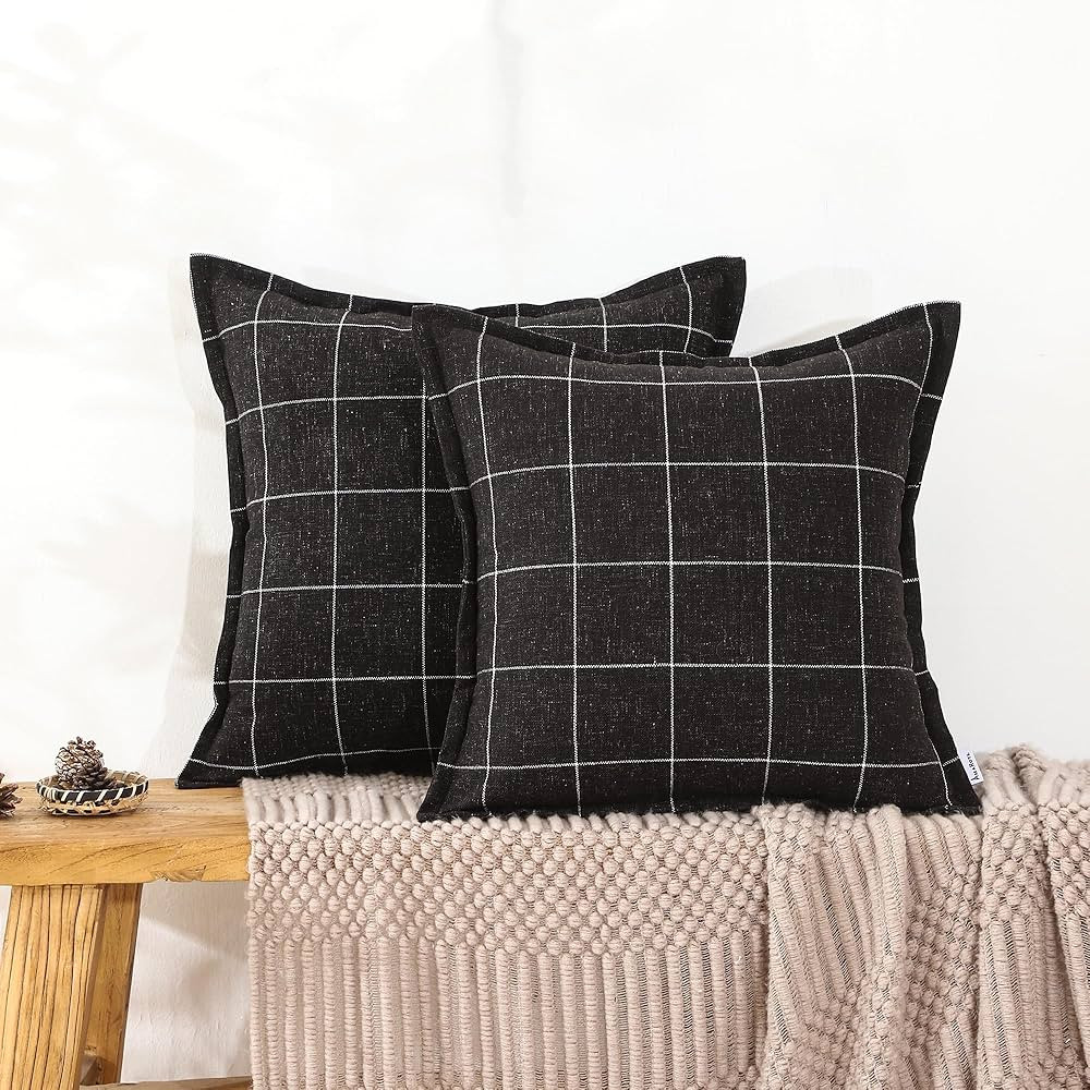 Plaid Pillow Black and White Plaid Boho Farmhouse Linen Throw Pillow Covers Set of 2, 18x18 Inche... | Amazon (US)