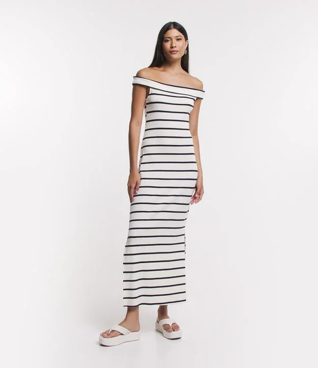 Vestido Longo Ombro a Ombro em Ribana Listrada Off White | Renner (BR)