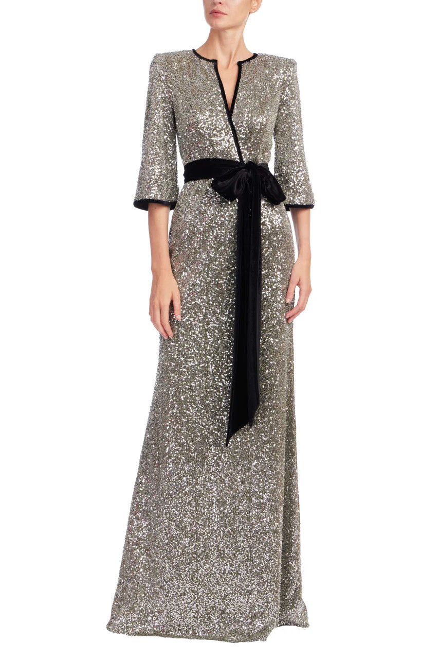 Sequined and Velvet Sash V-Neck Gown by Badgley Mischka | Badgley Mischka