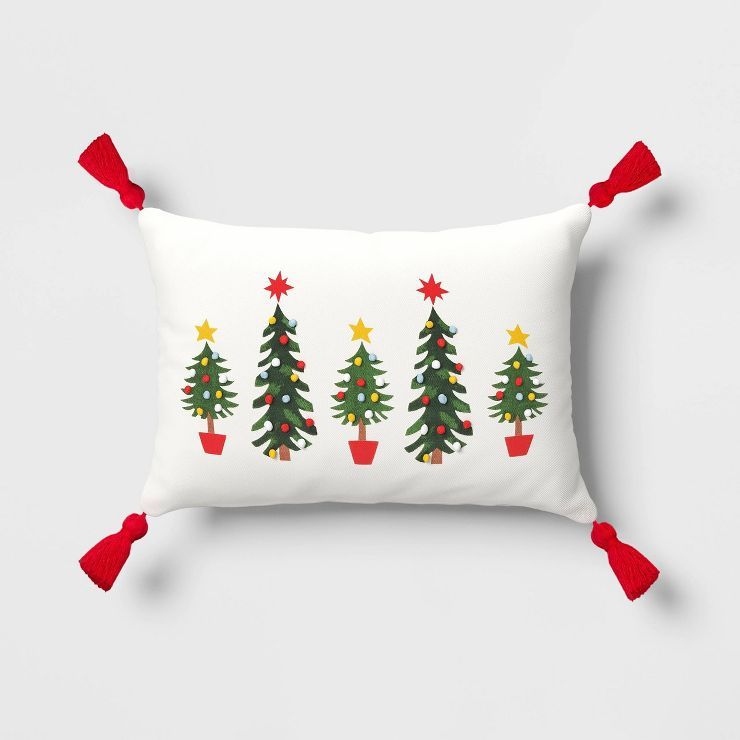 Christmas Tree Print Lumbar Throw Pillow with Tassels Ivory - Wondershop™ | Target