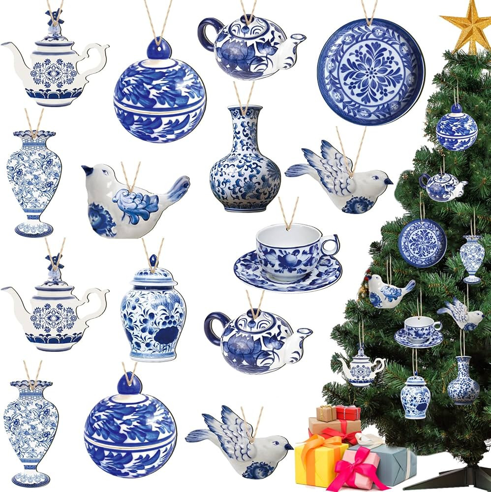 40 Pieces Christmas Chinoiserie Ornaments Blue and White Porcelain Christmas Wooden Ornaments Hanging Chinoiserie Christmas Ornaments Ginger Jar Ornaments Teapot Bird Cup Porcelain Ornament (Classic) | Amazon (US)