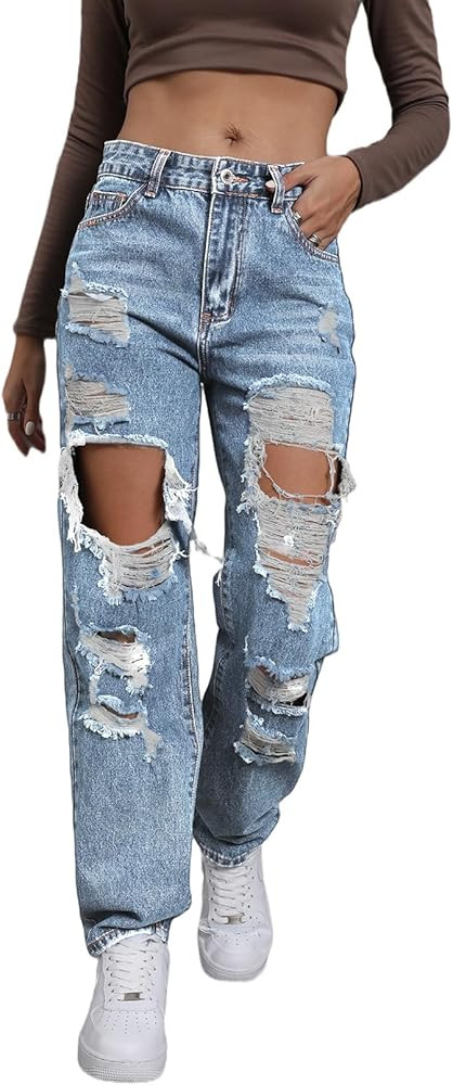 Women's Pink Ripped High Waisted Jeans - Distressed Straight Leg Y2K Pants - Size M (Long Inseam) | Amazon (US)