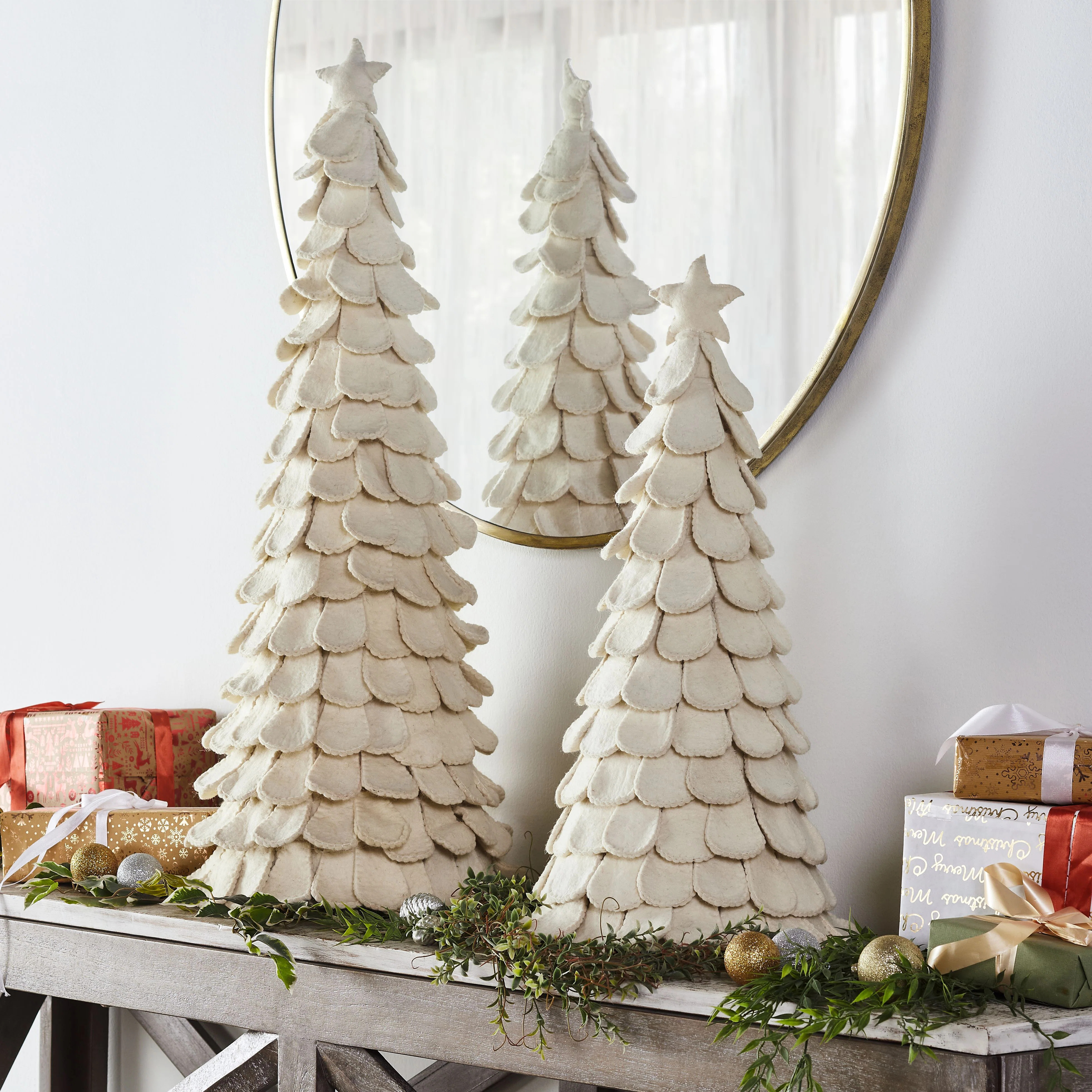 Pair of Handmade Cream Tabletop Christmas Trees in Hand Felted Wool- XL- 26" and 36" | Wayfair North America