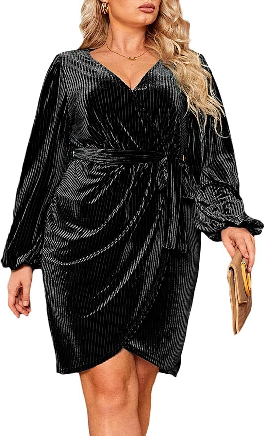 BerryGo Women's Plus Size Long Sleeve Wrap Semi Formal Velvet Mini Dress Sexy Cocktail Party Wint... | Amazon (US)