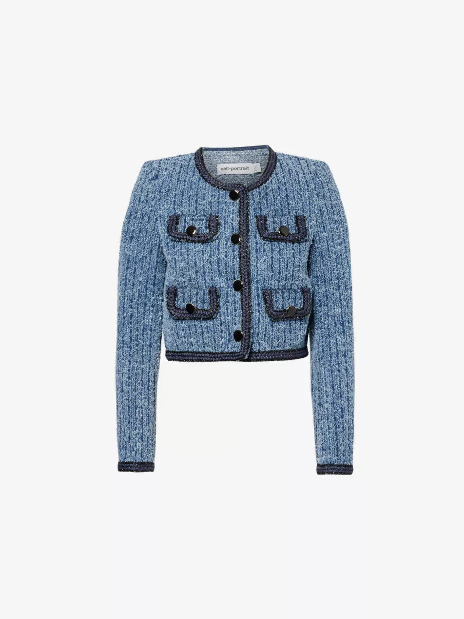 Contrast-trim round-neck denim tweed jacket | Selfridges