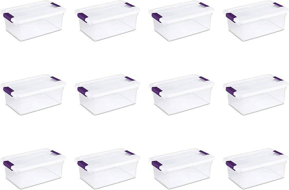 Sterilite 17531712 15 Quart/14 Liter ClearView Latch Box, Clear with Sweet Plum Latches, 12-Pack | Amazon (US)