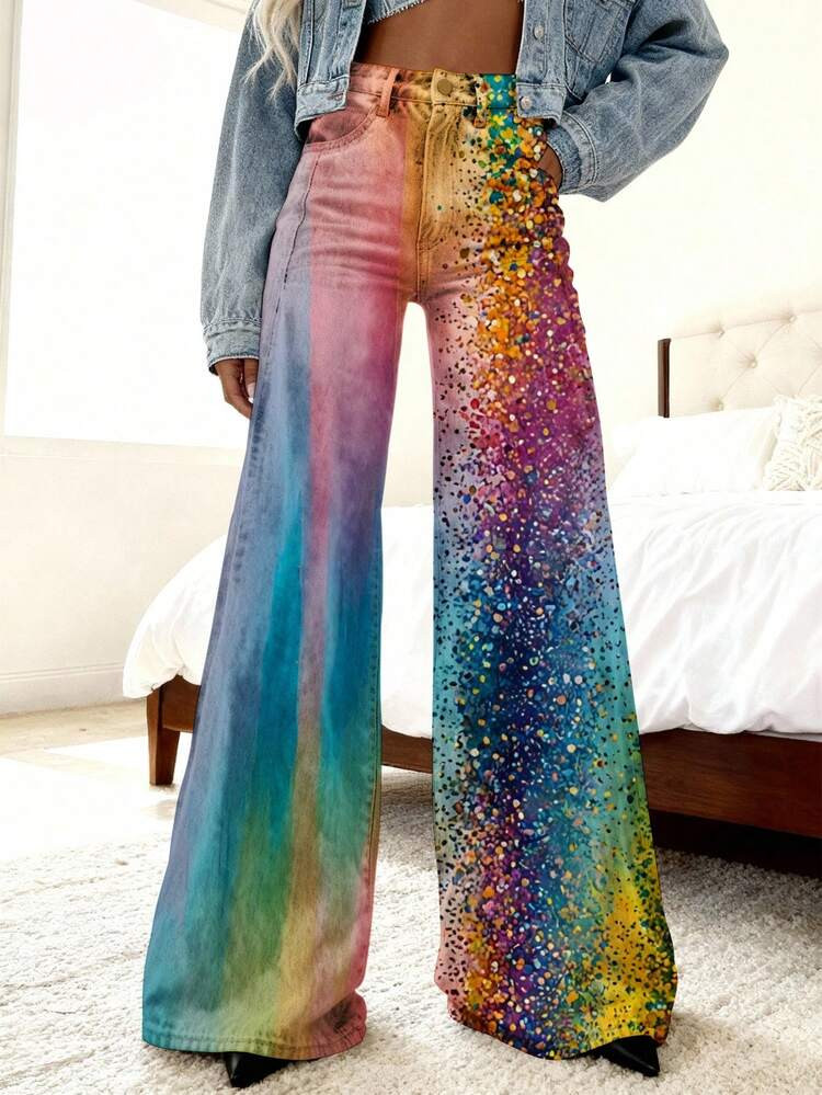 Women's Denim-Look Pants Rainbow Gradient With Colorful Dots Pattern Autumn And Winter Flowers Wearing Women's Clothing Design Elegance | SHEIN