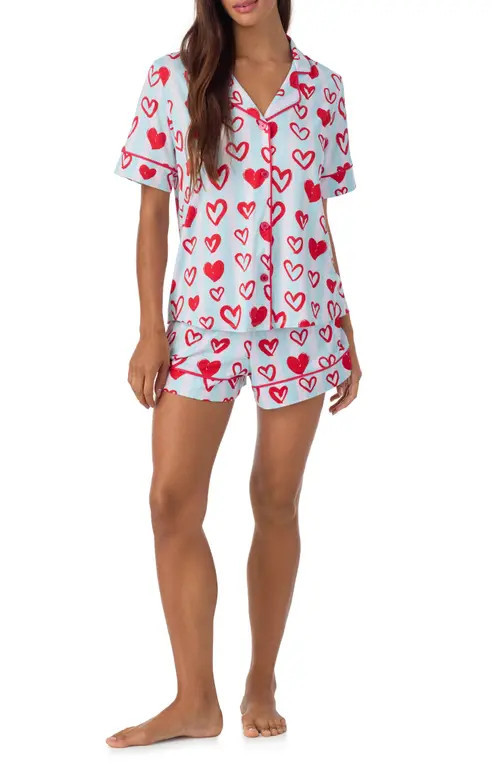 Room Service Pjs Print Short Pajamas in Blue Stripe Hearts at Nordstrom, Size Large | Nordstrom