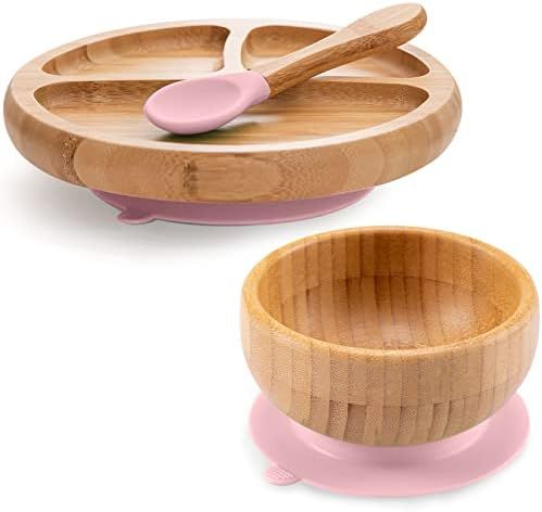 Toddler Bamboo Plates, Bowls and Spoon Set - Wooden Feeding Utensils for Infant’s Easy Self Eat... | Amazon (US)