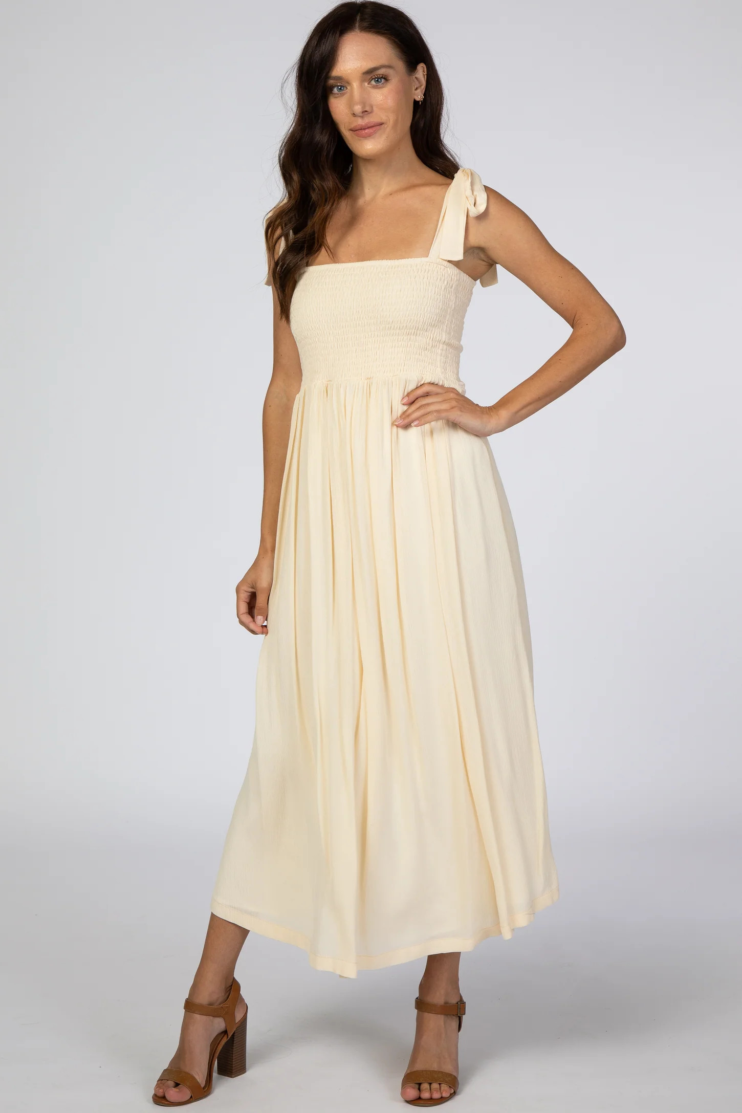 Beige Smocked Tie Strap Midi Dress | PinkBlush Maternity