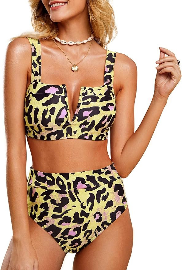 Sherrylily Womens Two Piece Swimsuits Leopard High Waist Strappy Bikini Set Padded Push Up Swimwe... | Amazon (US)