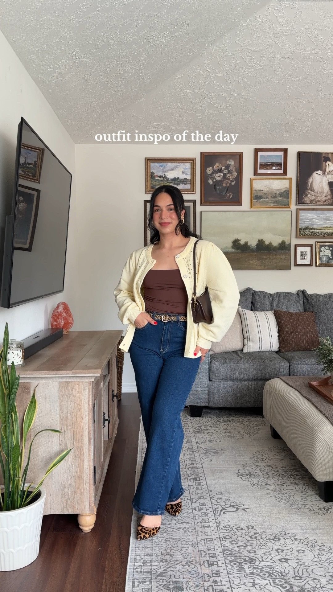autumn attire 🤎 RIHOAS discount code: oza12RS ✨  butter yellow cardigan, cream cardigan, ivory cardigan, cream knit cardigan, button front cardigan, cropped cardigan, brown tank top, brown square neck top, fitted tank top, dark wash jeans, wide leg jeans, high waisted jeans, wide leg denim, dark wash wide leg jeans, jeans and cardigan outfit, cream and brown outfit, brown and blue outfit, leopard print belt, leopard print belt outfit, leopard print shoes, leopard print flats, leopard print heels, pointed toe flats, brown shoulder bag, brown crossbody bag, casual fall outfit, fall fashion, autumn outfit, transitional outfit, fall layering, everyday outfit, casual chic outfit, elevated casual outfit, classic outfit, feminine outfit, timeless style, preppy outfit, neutral outfit, western inspired outfit, western chic outfit, leopard print accessories, date night outfit, brunch outfit, weekend outfit, coffee date outfit, capsule wardrobe, fall wardrobe, cute fall outfits, effortless outfit, LTK fashion, LTK outfit, outfit inspiration  

 #LTKdayinmylife #LTKgrwm #LTKootd